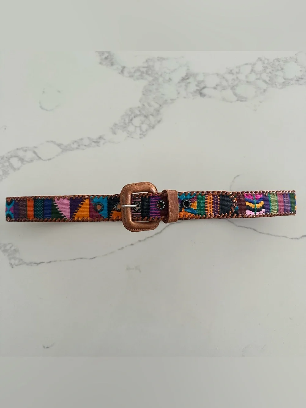 Anthropologie Vintage Embroidered Leather Belt Camel Multicolor Size 32 / M